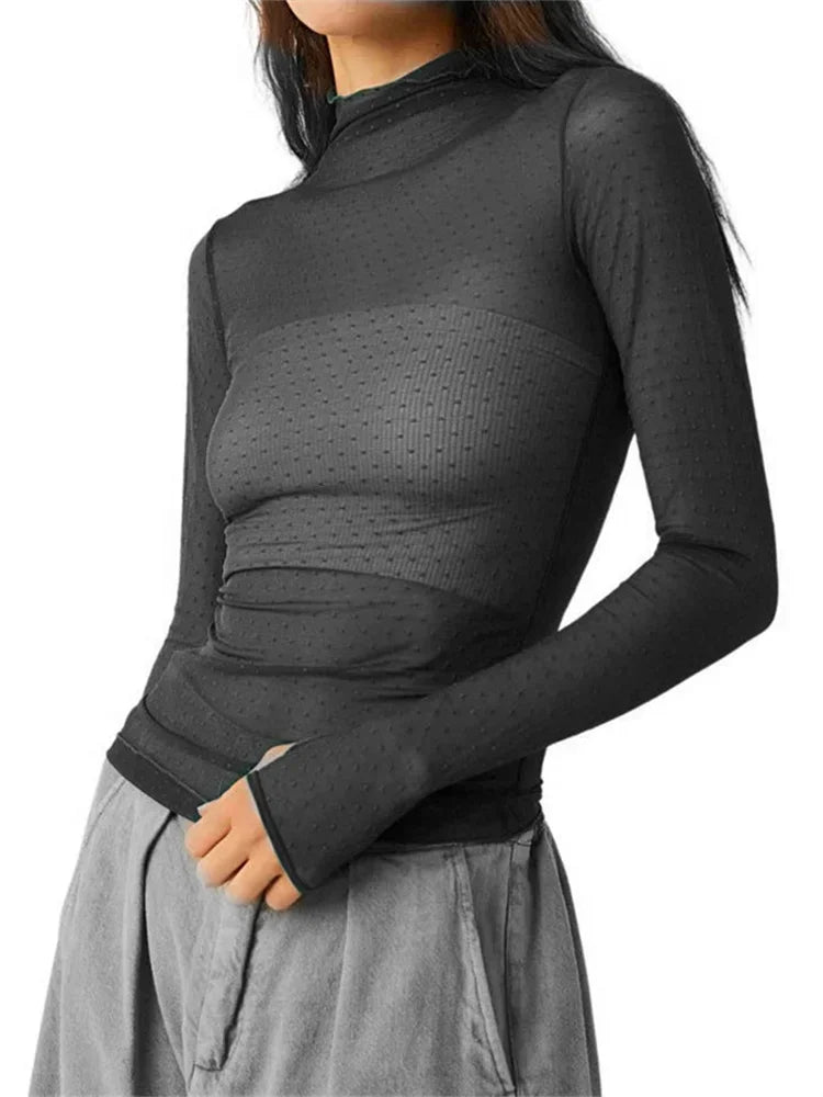 Sheer Mesh Polka Dot Turtleneck Long Sleeve Top for Women