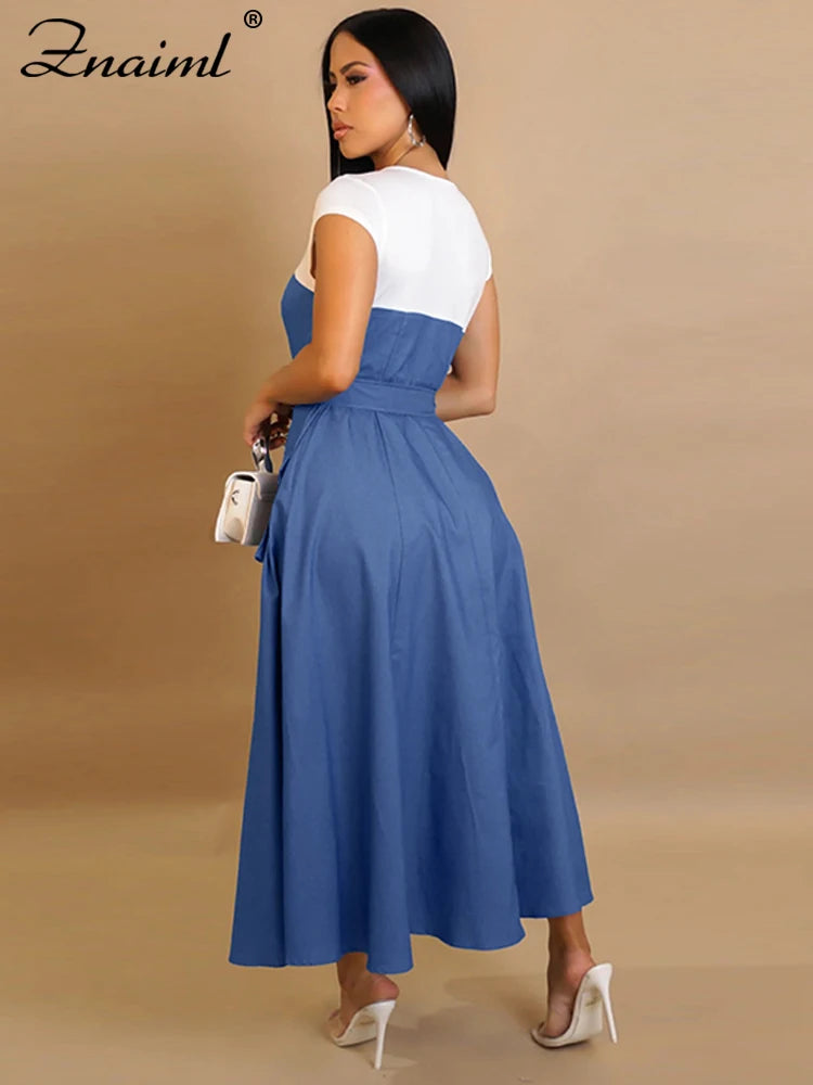 Znaiml Fashion Short Sleeve Pocket White Blue Denim Patchwork A-Line Dresses with Belt Woman Summer Elegant Bodycon Jean Dress