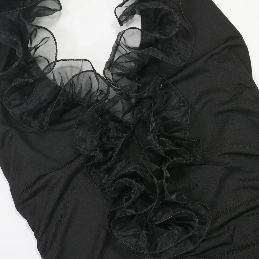 Elegant Patchwork Ruffle Halter Neck Long Dress for Women