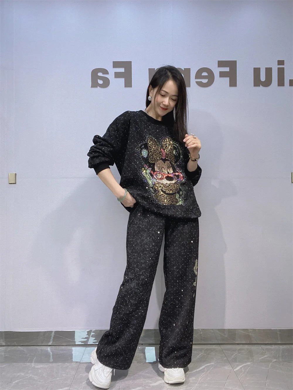 Autumn Winter Rhinestone Long Sleeve Round Neck Pullover Sweatshirt and Long Pants Set Fashion Woman Clothes Outfits 2025 New