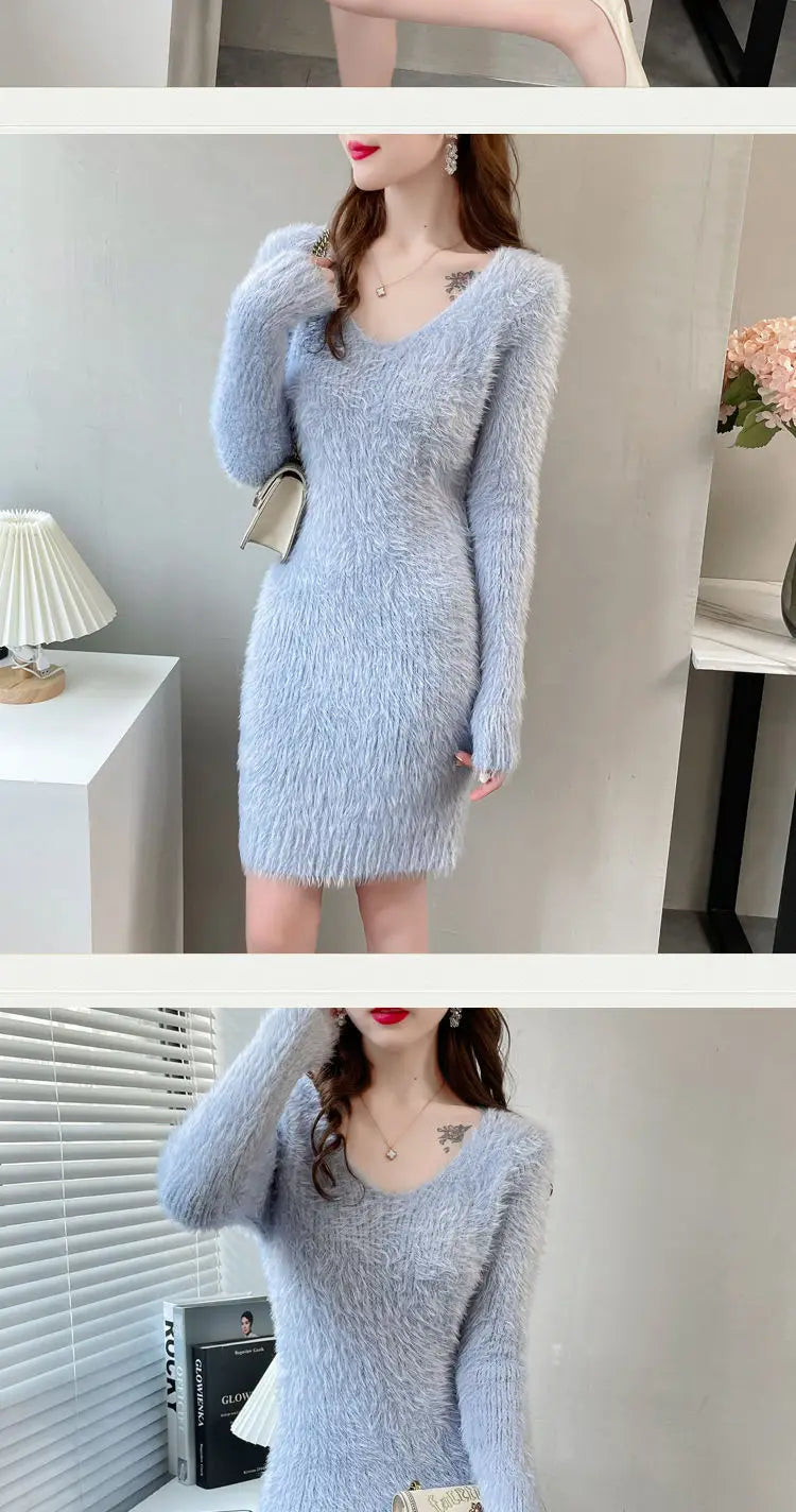 Cozy Faux Mink Knit Sweater Dress