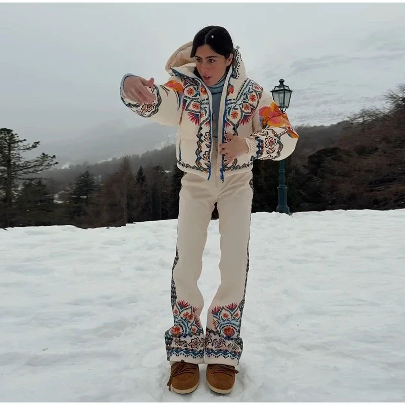 Printed Hooded Ski Jacket And Wide Leg Pants Set for Women