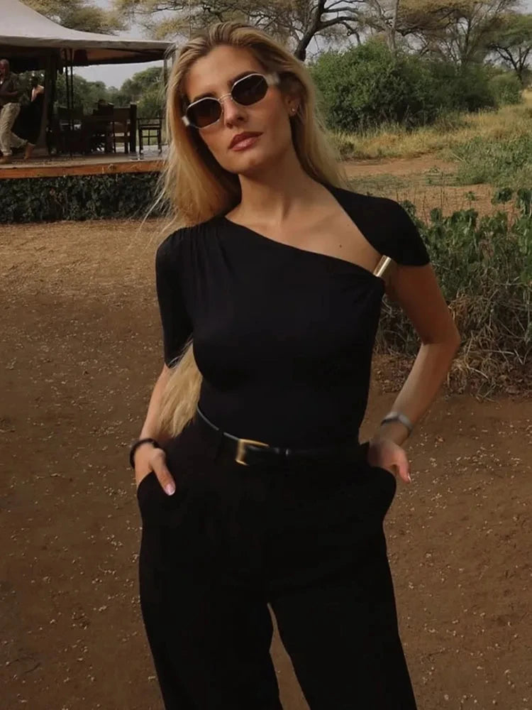 Chic Asymmetrical Wrinkled One-Shoulder Top for Women