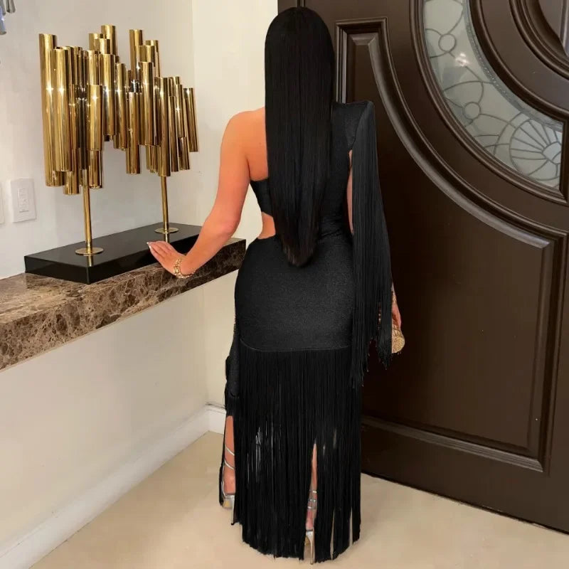One Shoulder Tassel Ruched Maxi Evening Dress for Women