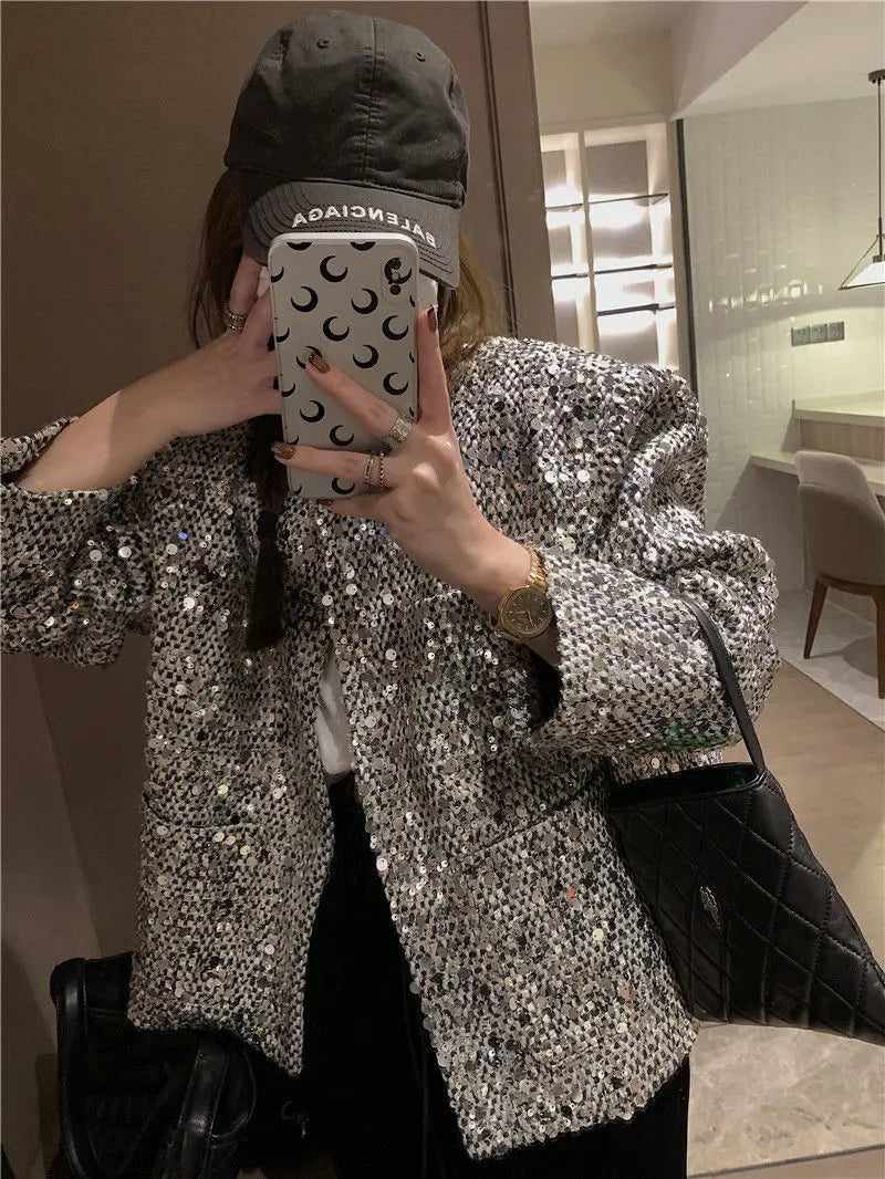 Elegant Sequined Tweed Button-Front Jacket for Women