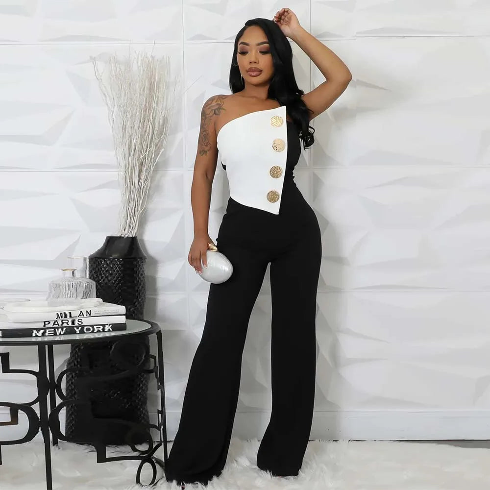 CM.YAYA Elegant Button Strapless Sleeveless Irregular Girl Jumpsuits 2025 Spring Women's Overalls Outfits Night Club One Piece