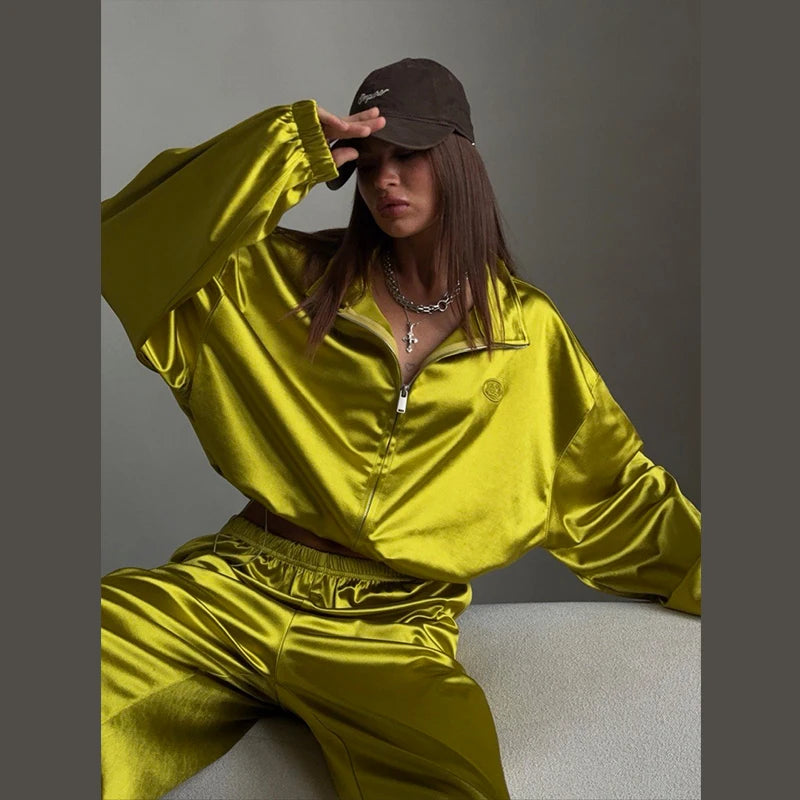 Loose Solid Satin Two Piece Pants Set With Zipper Jacket For Women