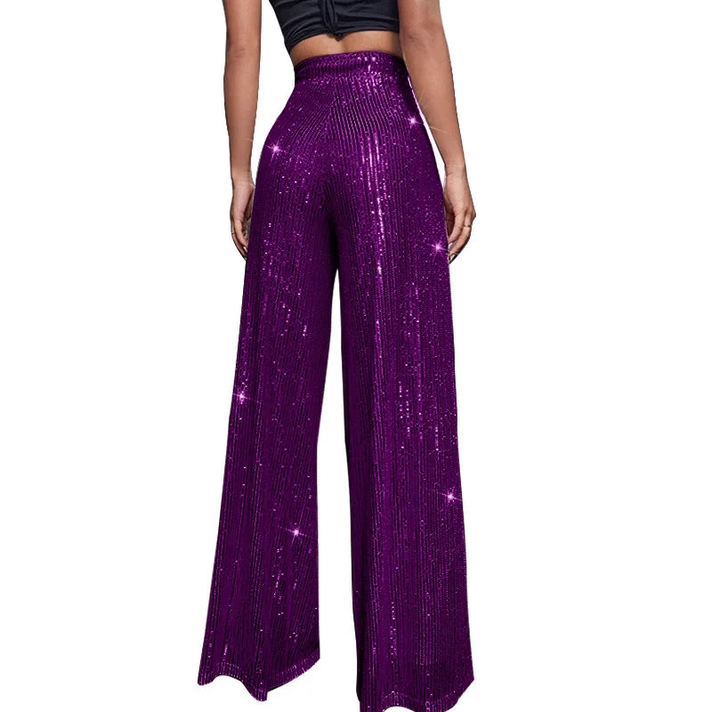 High Waist Sparkle Sequin Wide Leg Pants for Women