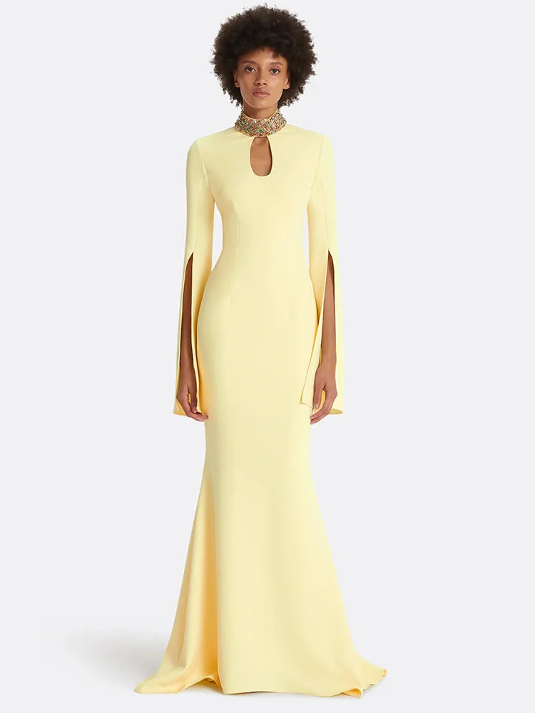 HIGH STREET Newest Fashion 2026 Designer Party Vestido Women's Stand Collar Formal Cape Sleeve Diamonds Beading Long Maxi Dress