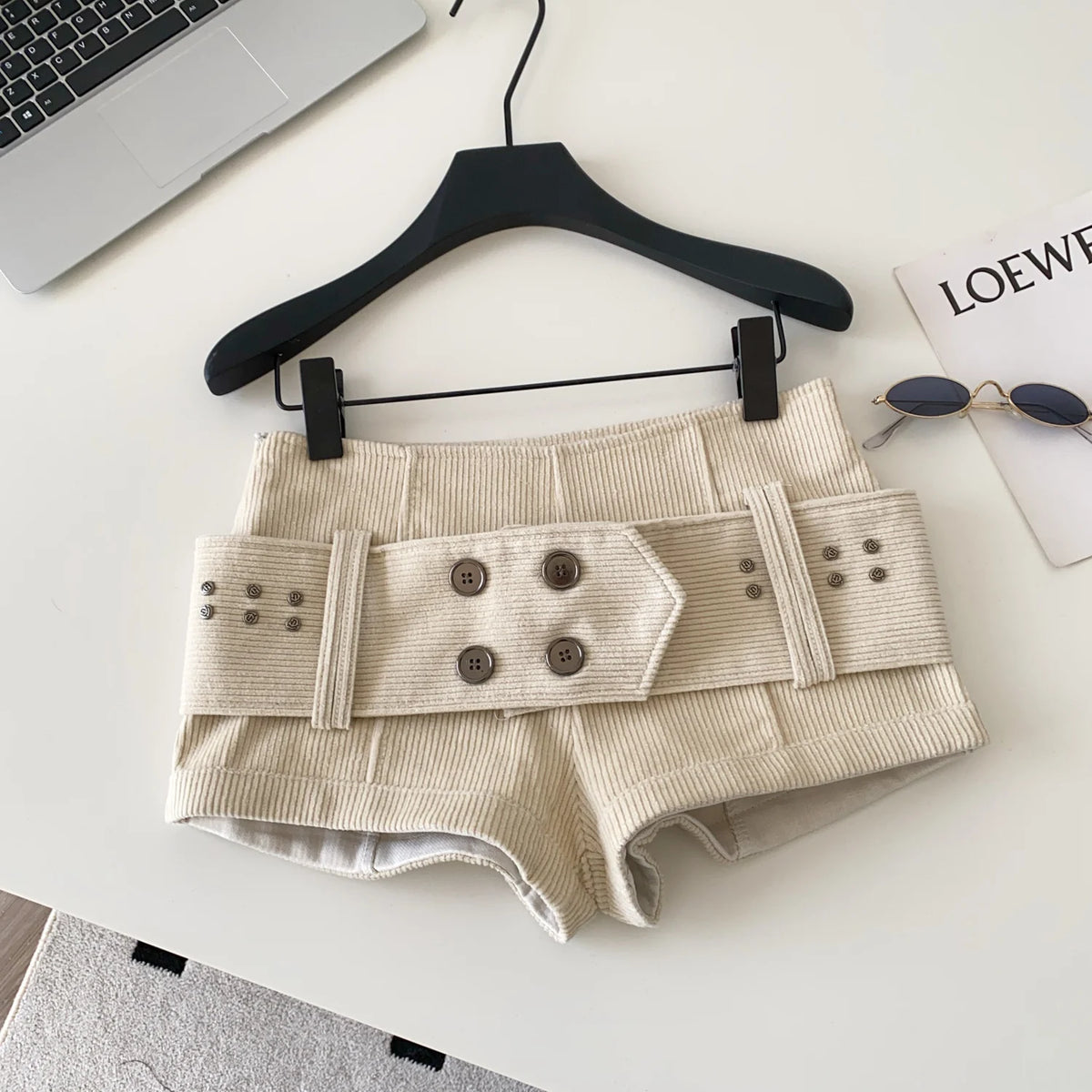 Retro Corduroy Button Detail Low Waist Shorts for Women