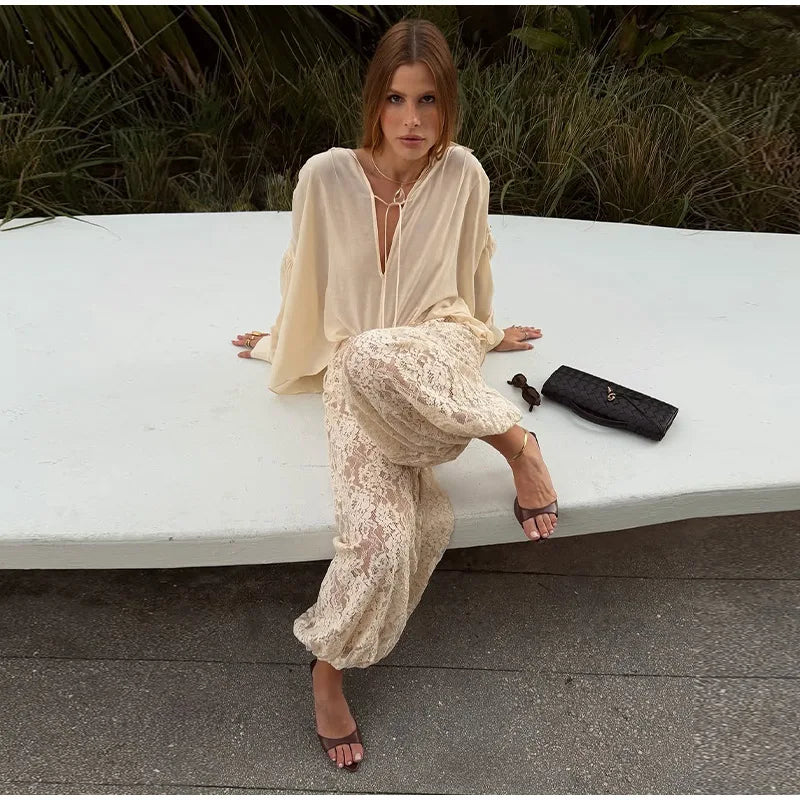 Bohemian Lace Trim Elastic Waist Lounge Pants for Women