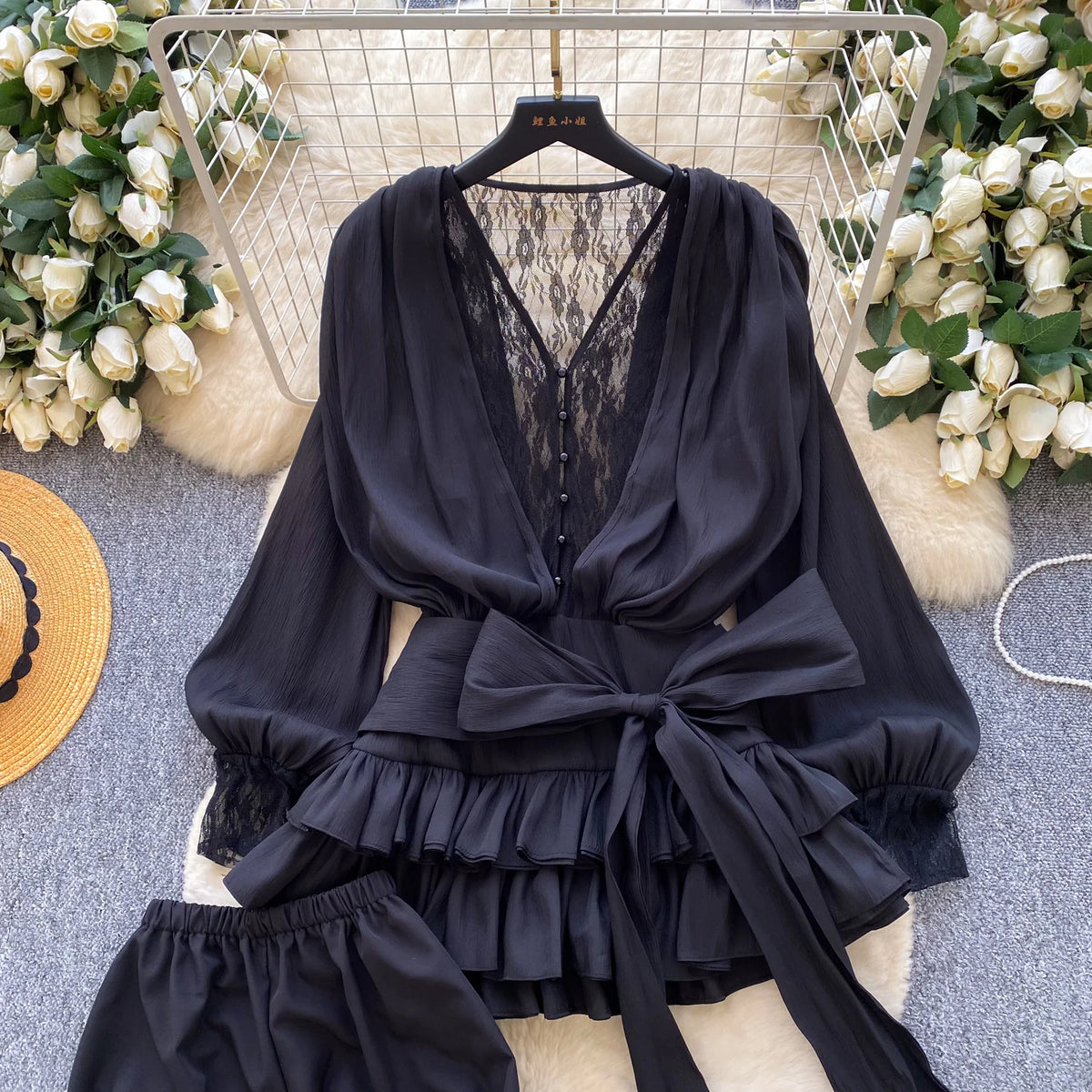 Lace Chiffon Mini Dress With Ruffles and Shorts for Women