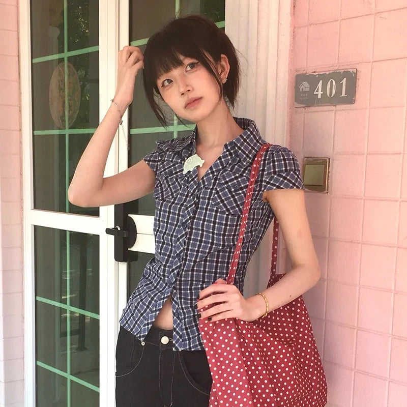 Karrram Japanese Y2k Plaid Shirt Vintage Harajuku V-neck Blouses Korean Fashion Women Short Sleeve Shirts 2000s American Retro