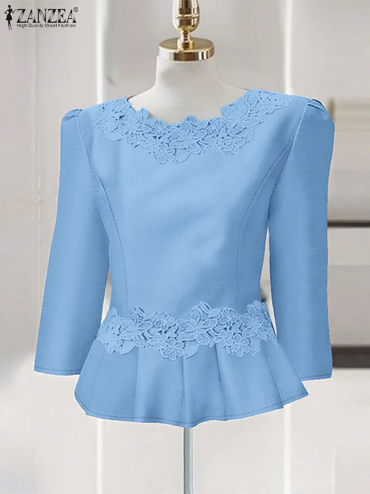 Lace Patchwork Three Quarter Sleeve Peplum Blouse for Women