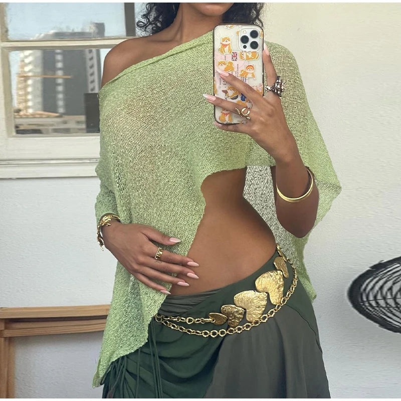Sheer Knit O Neck Asymmetrical Loose Blouse for Women