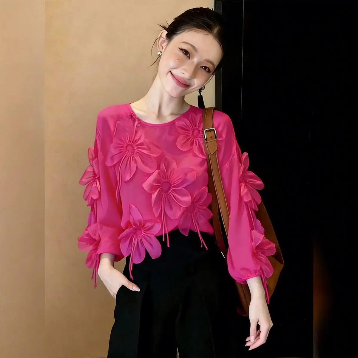 Three Dimensional Flower Lightweight Long Sleeve Top for Women