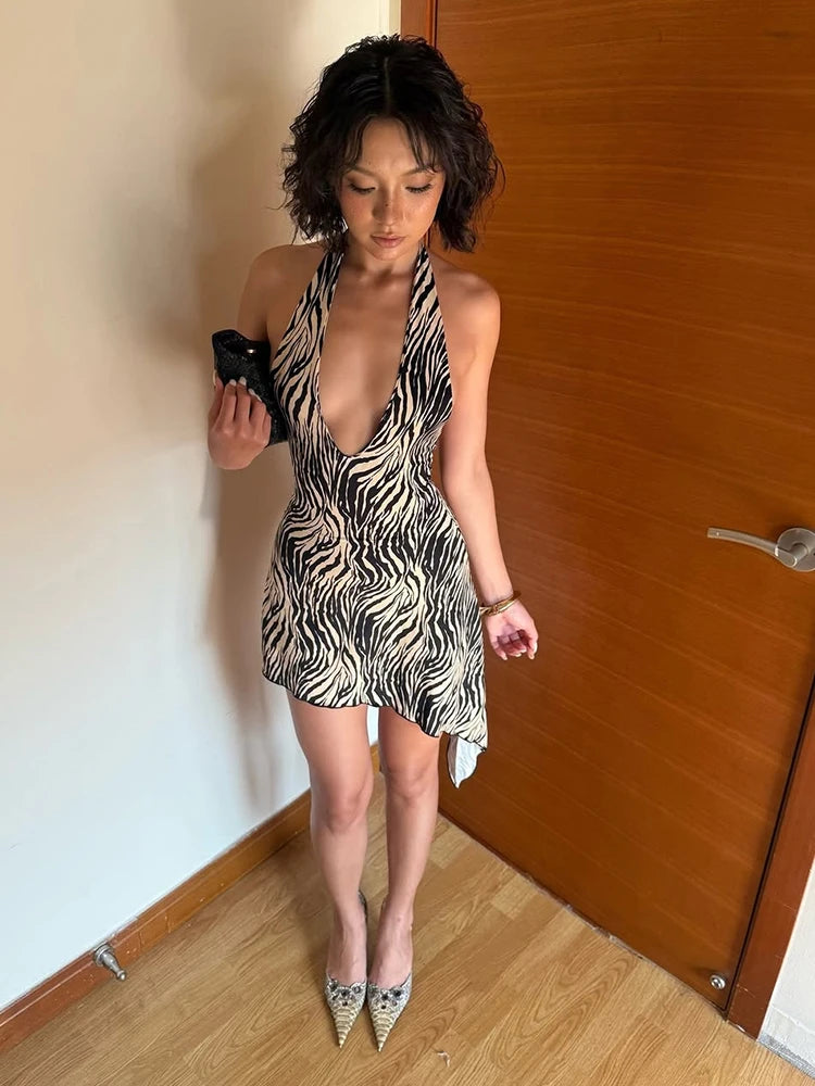 Zebra Striped Bandage Halter Backless Mini Bodycon Dress for Women