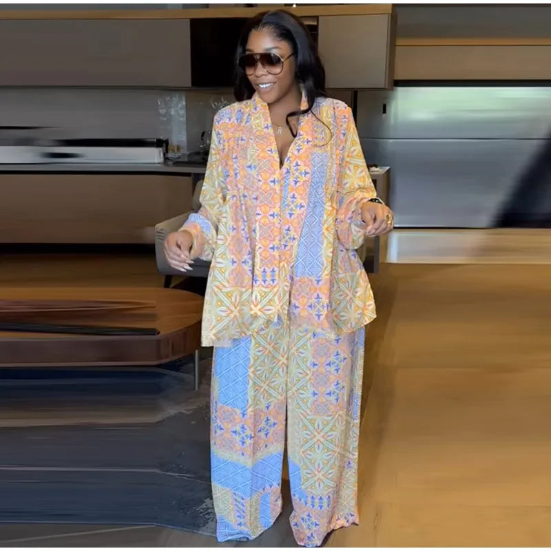 Casual Print Long Sleeve V-Neck Top Wide-Leg Trousers Two-Piece Set for Women