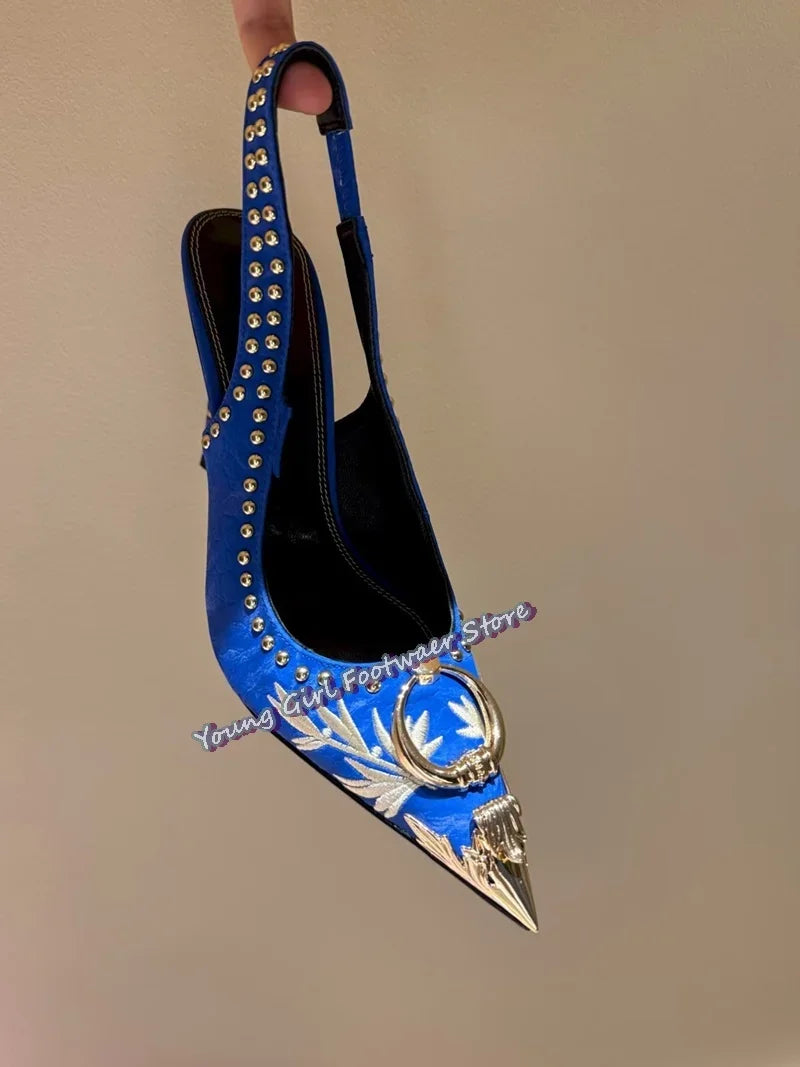 Embroidered Green Sandals With Metal Buckle And Back Strap for Women