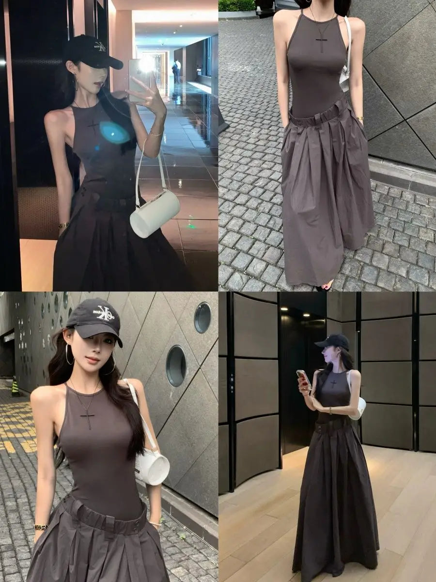 Gray High Waist Button Placket Midi Dress For Women