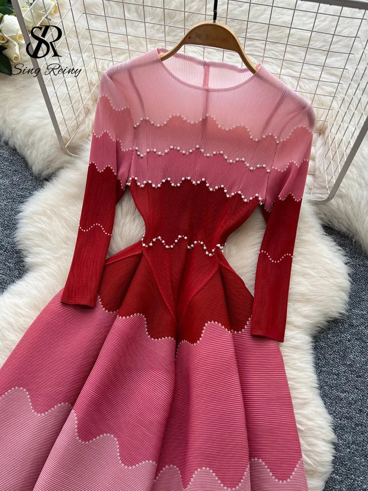 Wave Print Long Sleeve Ankle Length Evening Dress for Women