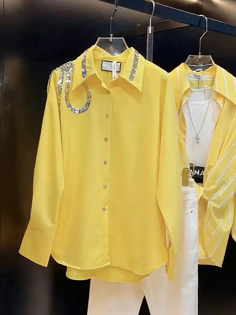 Loose Fit Sequined Embroidered Yellow Blouse For Women