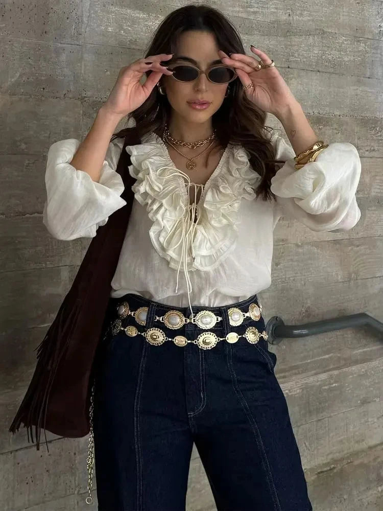 Elegant Retro V Neck Ruffle Trim Long Sleeve Top for Women