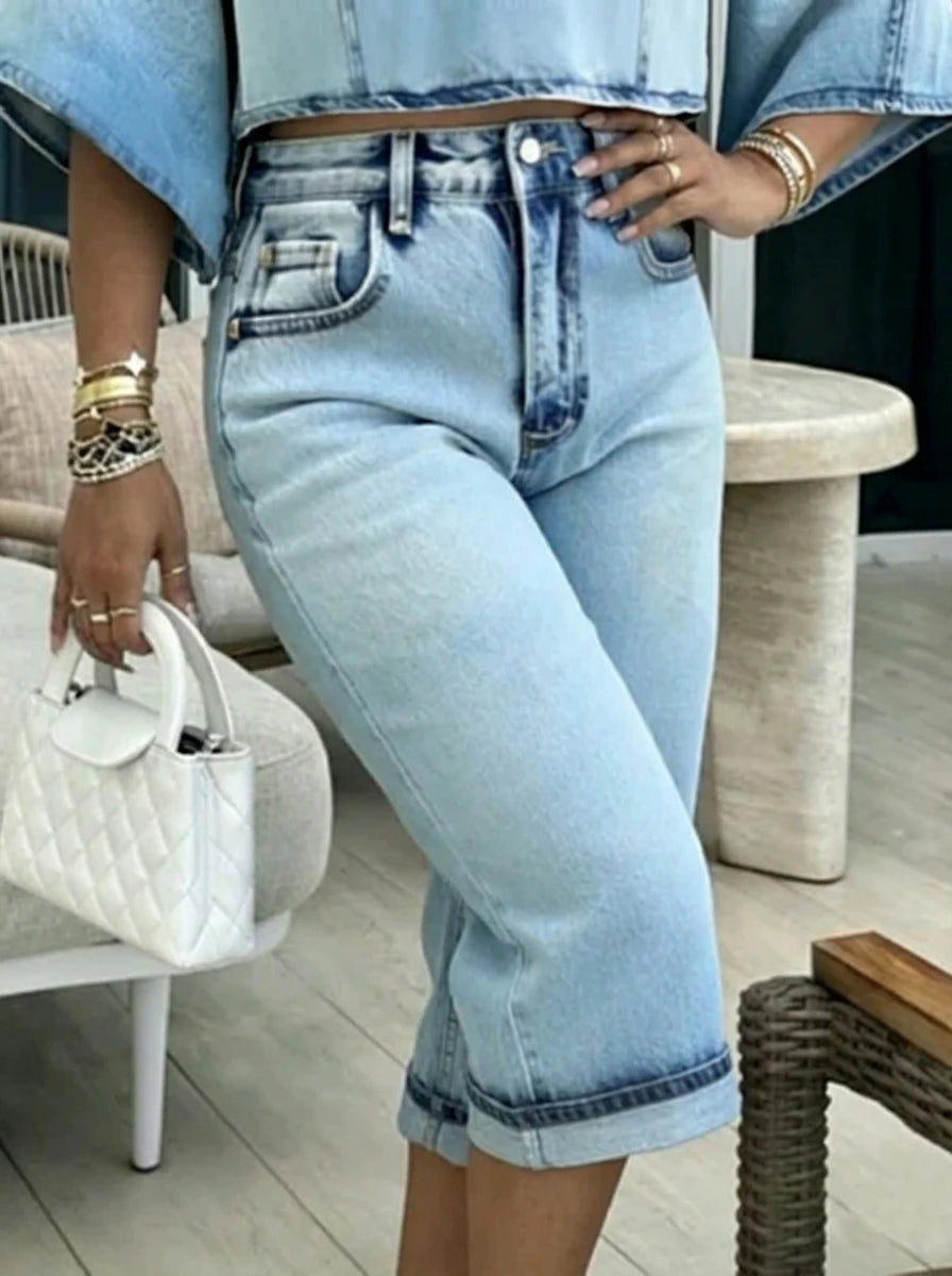 Bonboho Women's Vintage Light Blue Washed High Waisted Cuffed Wide Leg Jeans 2026 Summer Fashion Denim Culottes Vacation Outfit