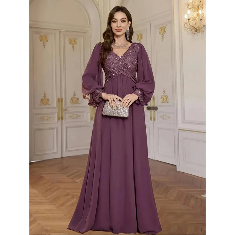 V-Neck Sequined Chiffon Evening Gown