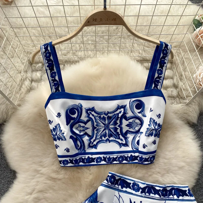 Blue and White Porcelain Print Two Piece Set for Women