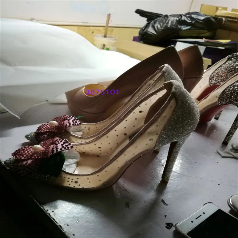 Crystal Mesh Bridal Pointy Pumps