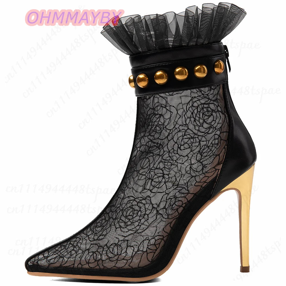 Black Lace Ruffle Ankle Boots With Stiletto Heels for Women