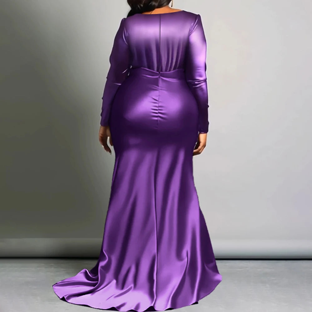 Plus Size Solid V-Neck Long Sleeve High Waist Fishtail Evening Gown For Women