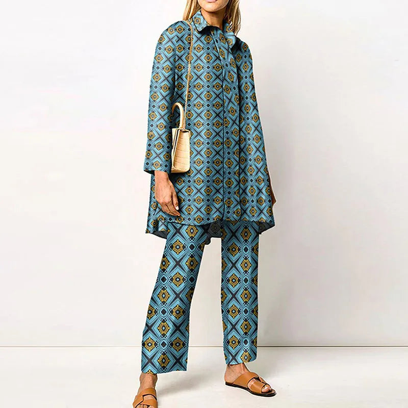 2022 Sets Womens Outfits Elegant Loungewear Print Spring Autumn 2PCS Ladies Suit Long Sleeve Wide Leg Pants Loose Fit Streetwear