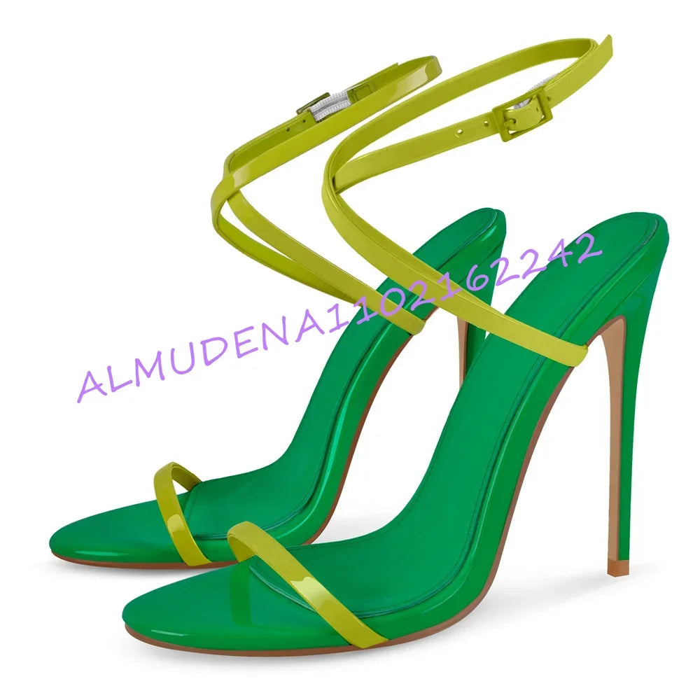 Two-Tone Patent Leather Stiletto Ankle Strap Sandals for Women