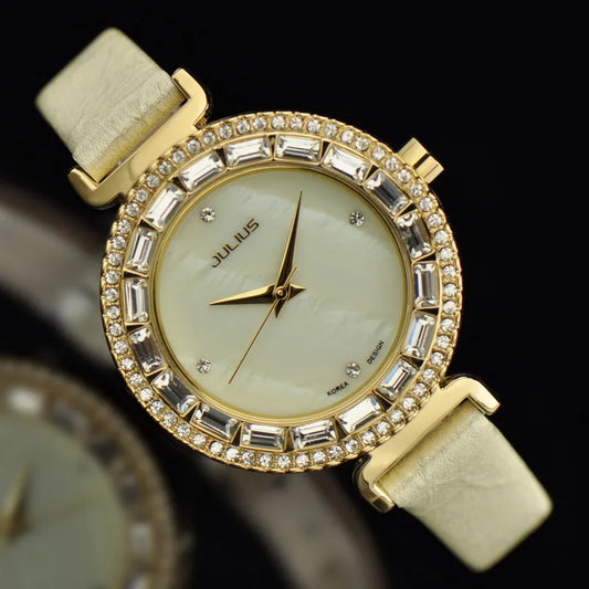 Mother-of-pearl Rhinestones Julius Lady Women's Watch Fashion Hours Bracelet Real Blue Leather Girl's Birthday Gift Box