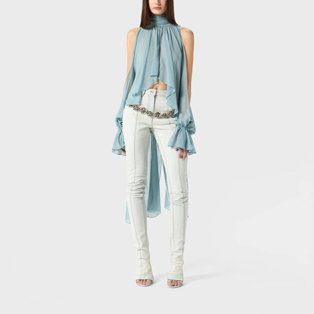 Loose Fit Asymmetrical Hem Chiffon Blouse for Women