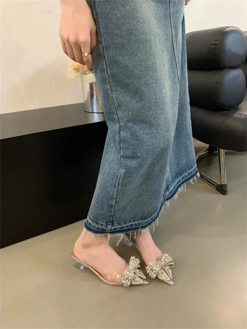 Crystal Bowknot Clear Pointed Toe Pumps for Women Wedding