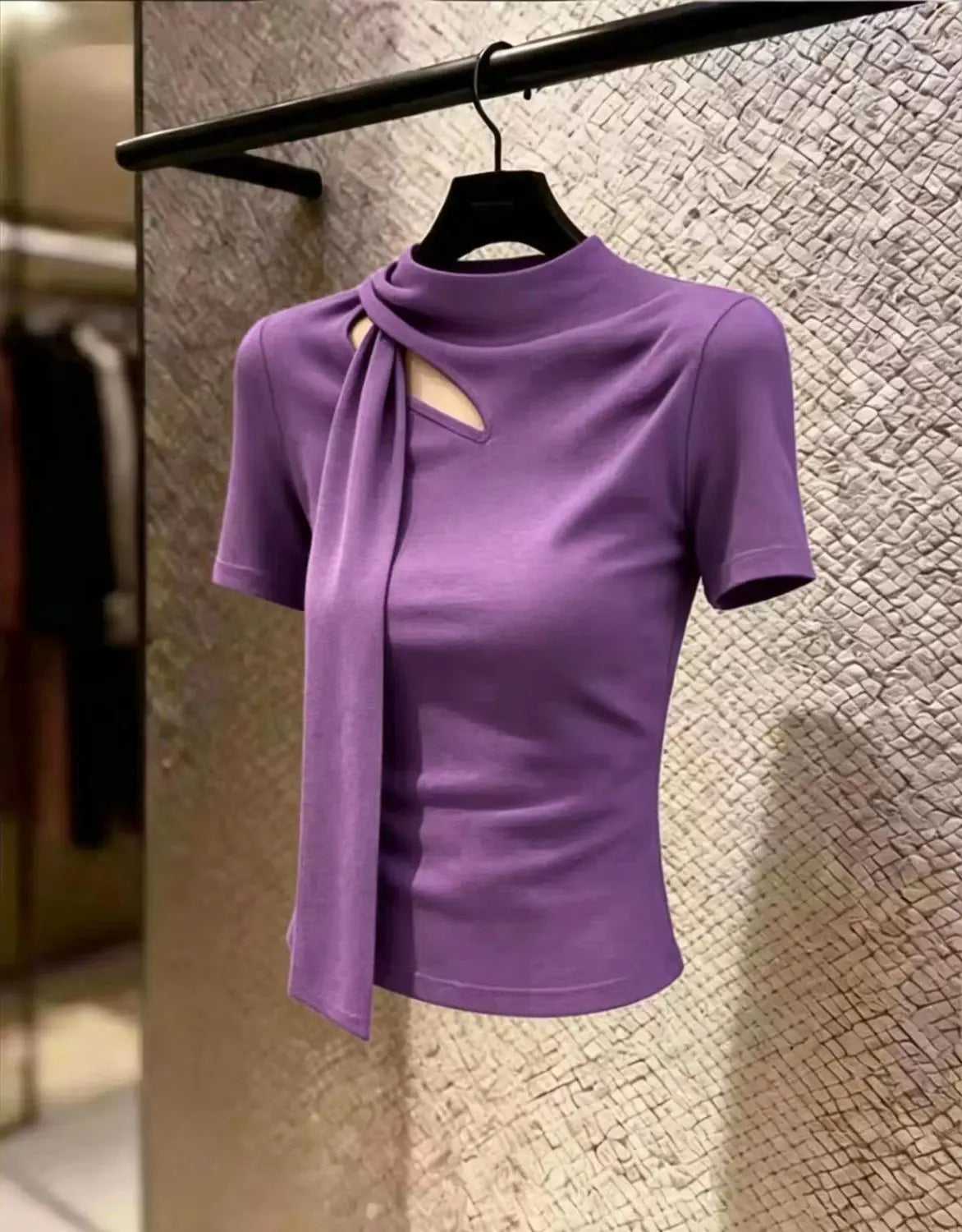 Elegant Hollow Out Slim Fit Short Sleeve Tee For Women