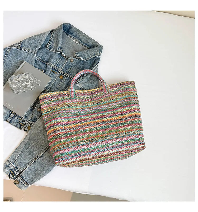 Large capacity beach woven bag, colorful striped tote bag, letter contrasting handbag for women