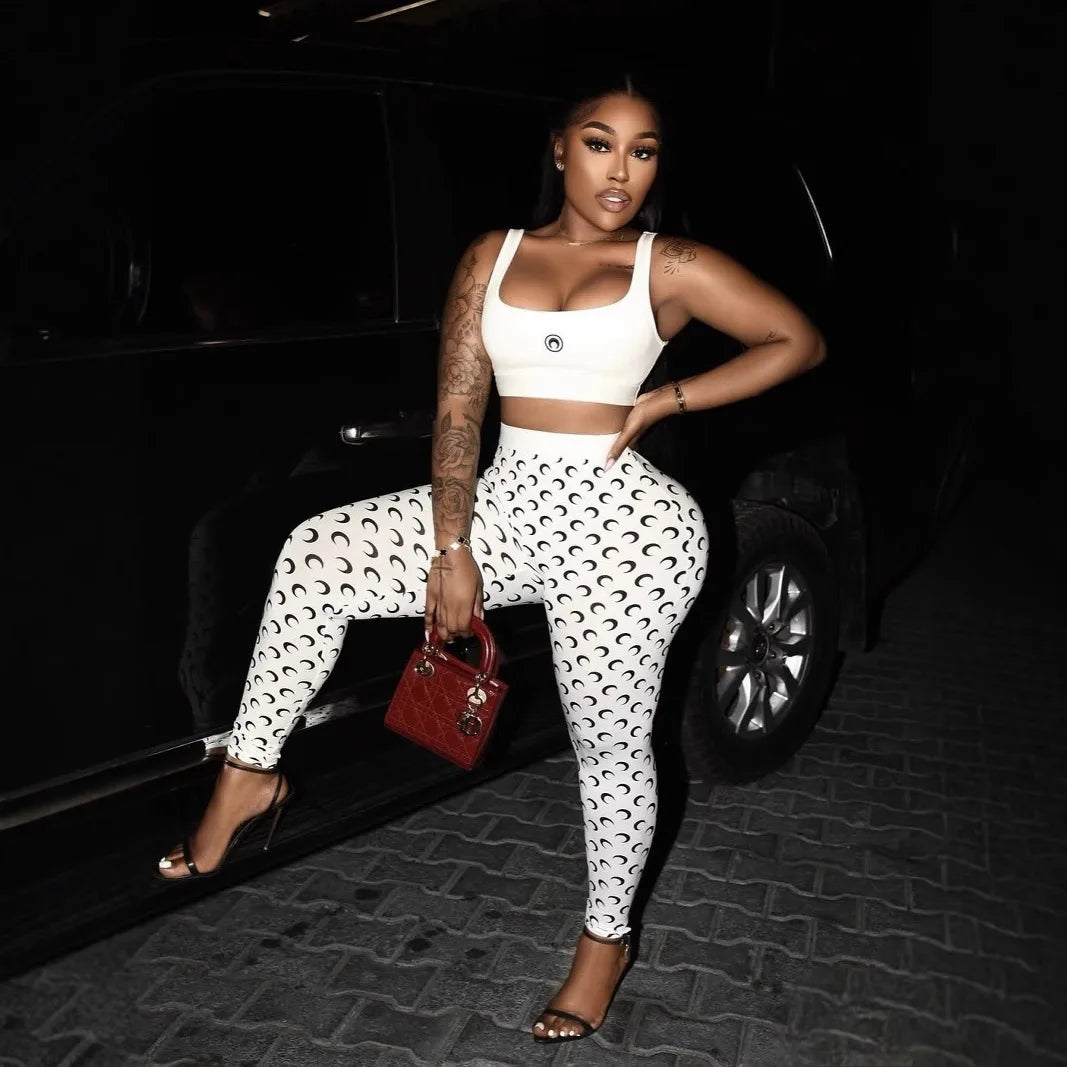Y2K Crescent Print Slim Fit Two Piece Pants Set for Women
