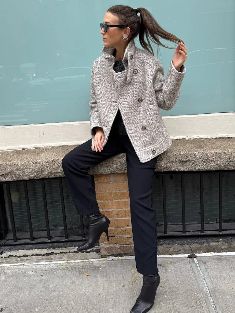 Elegant Print Stand Collar Tailored Long Coat for Women
