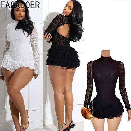 FAGADOER Sexy Lace Ruffle Patchwork Bodycon Romper Woman See Through Long Sleeves One Piece Jumpsuits Female Nightclub Overalls