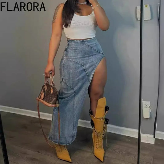 High Waist Asymmetrical Side Slit Denim Skirt for Women