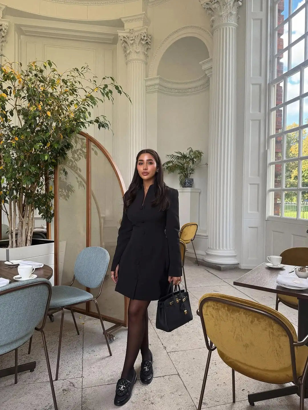 Elegant Stand Collar Mini Dress Women Casual Single Breasted Full Sleeve Cinched-waist Short Dresses Lady Evening Dinner Gowns