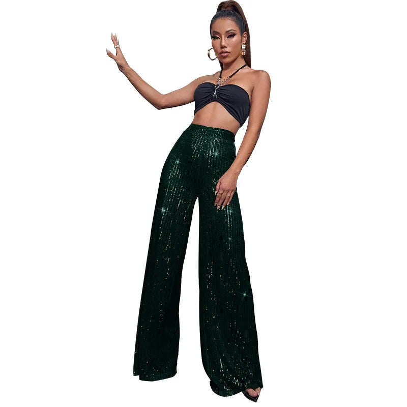 High Waist Sparkle Sequin Wide Leg Pants for Women
