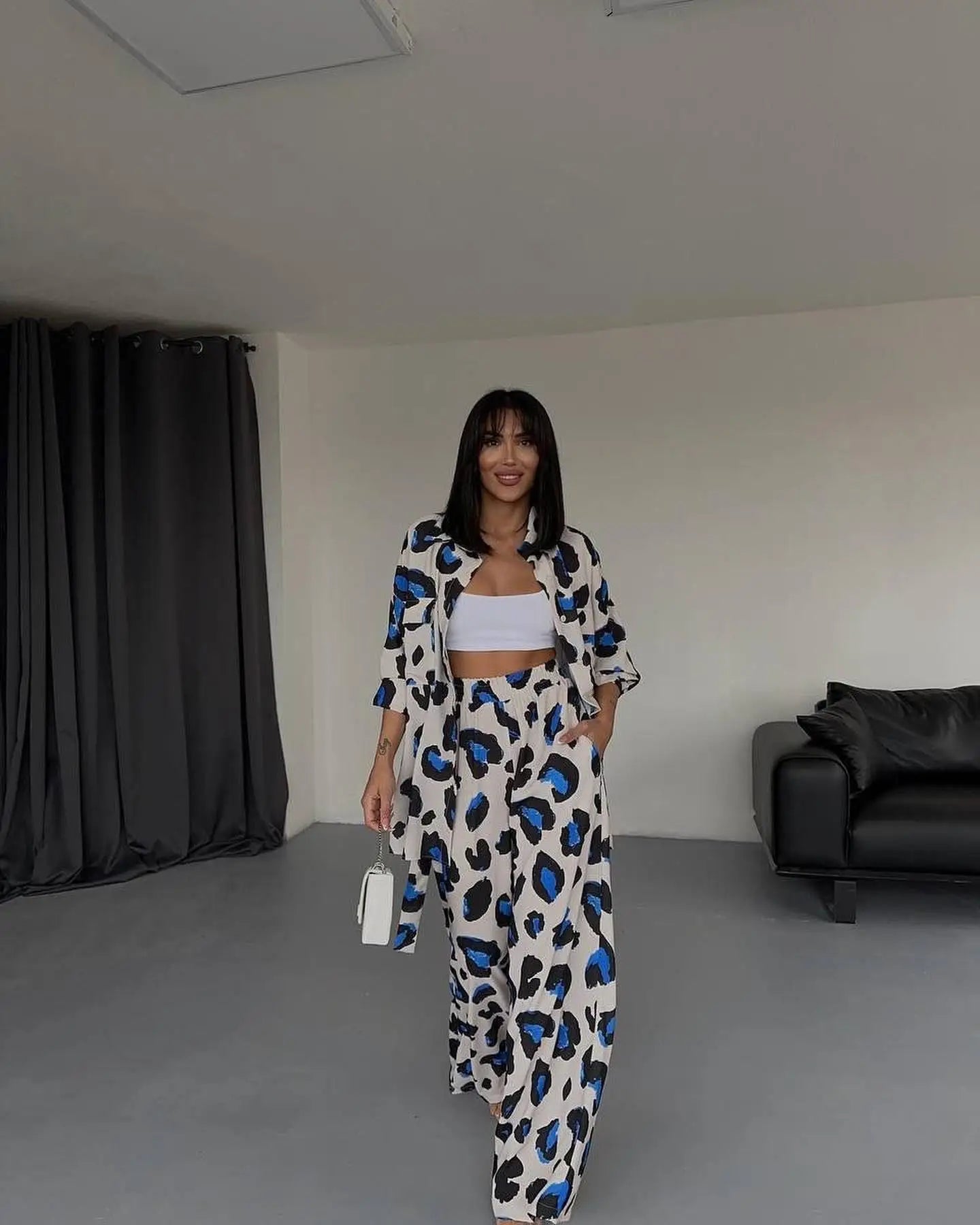 Fashion Leopard Print Women's Two Piece Sets Elegant Casual Button Streetwear Long Sleeve Shirt And Wide Leg Pants 2 Piece Sets