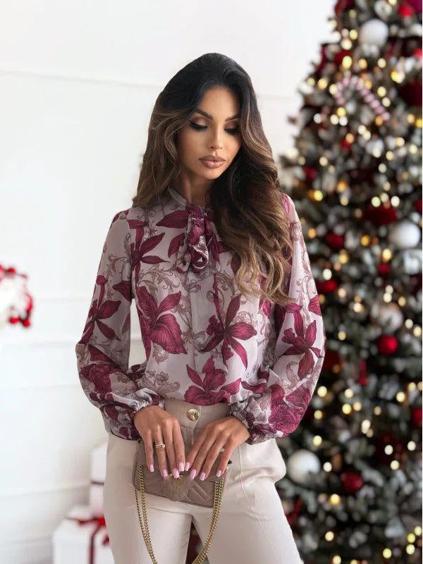 Elegant Shirts Bow Blouse Women Vintage Popular Flower Printed Slim Shirts Office Ladies Spring Autumn Fashion Long Sleeved Tops