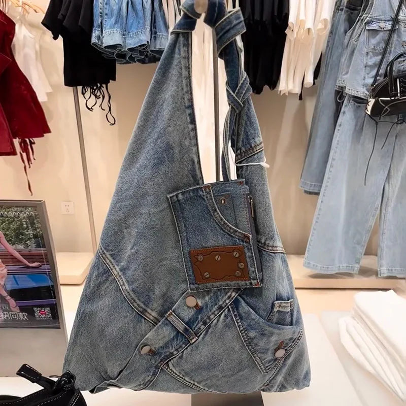 Fashion Washed Denim women handbags Y2K chian Shoulder bags for Female Simple Large capacity Student ladies big Totes bolsas