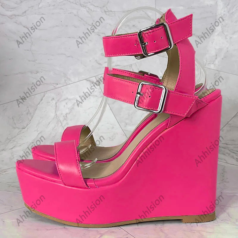 Yellow Open Toe Buckle Platform Wedge Sandals For Women